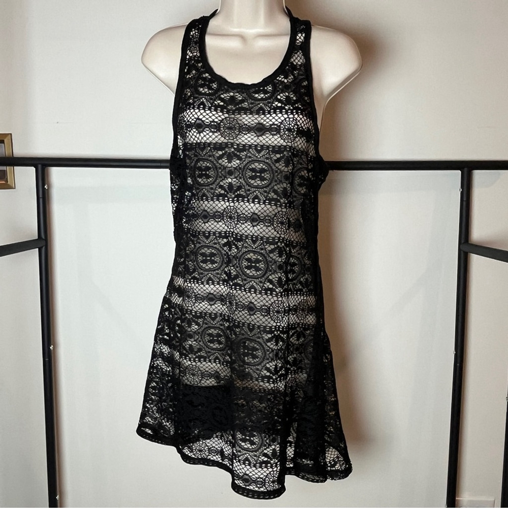 Black Lace Swim Dress Racerback Beach Pool Vacation Coverup Vacation Stretch M
